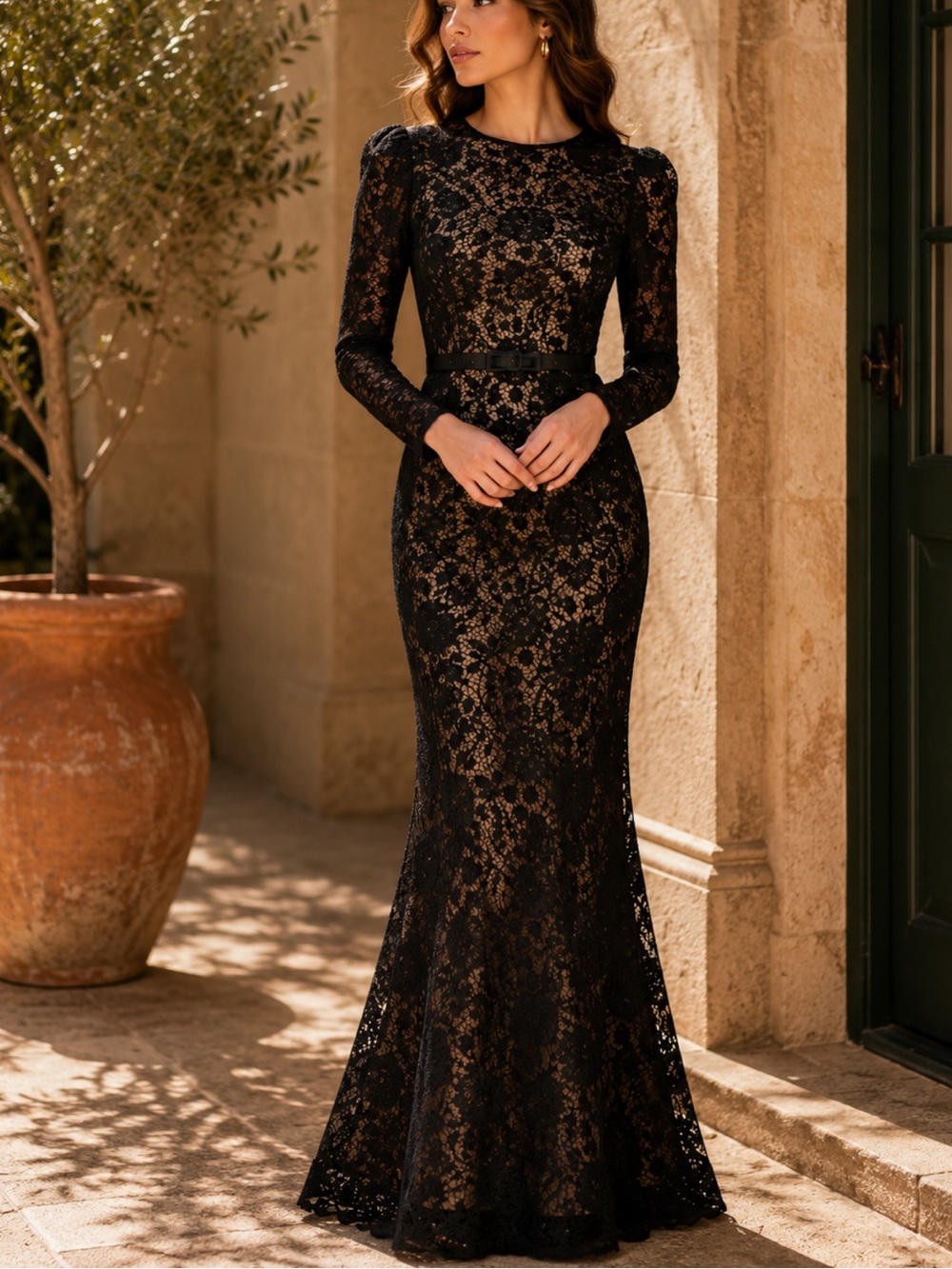 ✨NEW✨Dress the Population Black Label Tamra Belted Floral Lace Mermaid Gown